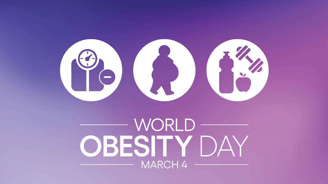 Das Bild bezieht sich auf den „World Obesity Day", der jährlich am 4. März stattfindet. Die Symbole im Bild repräsentieren Aspekte wie Gewichtskontrolle, Bewegung und gesunde Ernährung. 