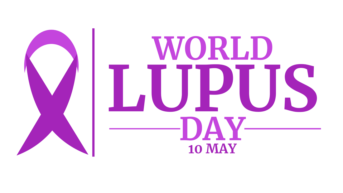 Das Bild zeigt das Logo des "World Lupus Day" (Welt-Lupus-Tag), der jährlich am 10. Mai begangen wird. Es ist in lila gehalten, einer Farbe, die oft mit der Sensibilisierung für Lupus in Verbindung gebracht wird. 