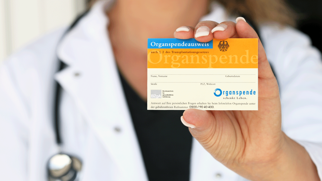 Das Bild zeigt eine Person, die einen Organspendeausweis in der Hand hält.