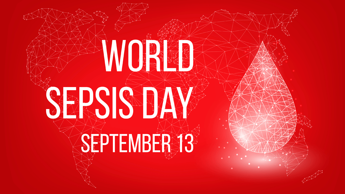 Rote Grafik mit Weltkarte, großem Blutstropfen und dem Schriftzug „World Sepsis Day – September 13“. 