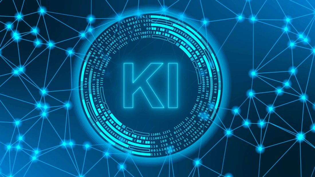 Das Bild zeigt eine futuristische Darstellung von Künstlicher Intelligenz (KI). Im Zentrum steht der Schriftzug "KI", umgeben von binären Codes und einem Netzwerk aus verbundenen Punkten, die neuronale Netzwerke oder Datenströme symbolisieren. 