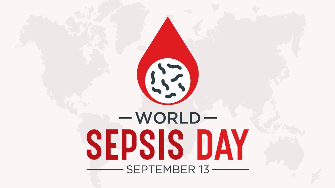 Das Bild bewirbt den World Sepsis Day, der jährlich am 13. September stattfindet. Im Zentrum steht ein Tropfen mit einer Darstellung von Bakterien, was auf die lebensbedrohliche Erkrankung Sepsis hinweist, die durch Infektionen ausgelöst wird. Der Hintergrund zeigt eine Weltkarte, was die globale Bedeutung des Themas unterstreicht.
