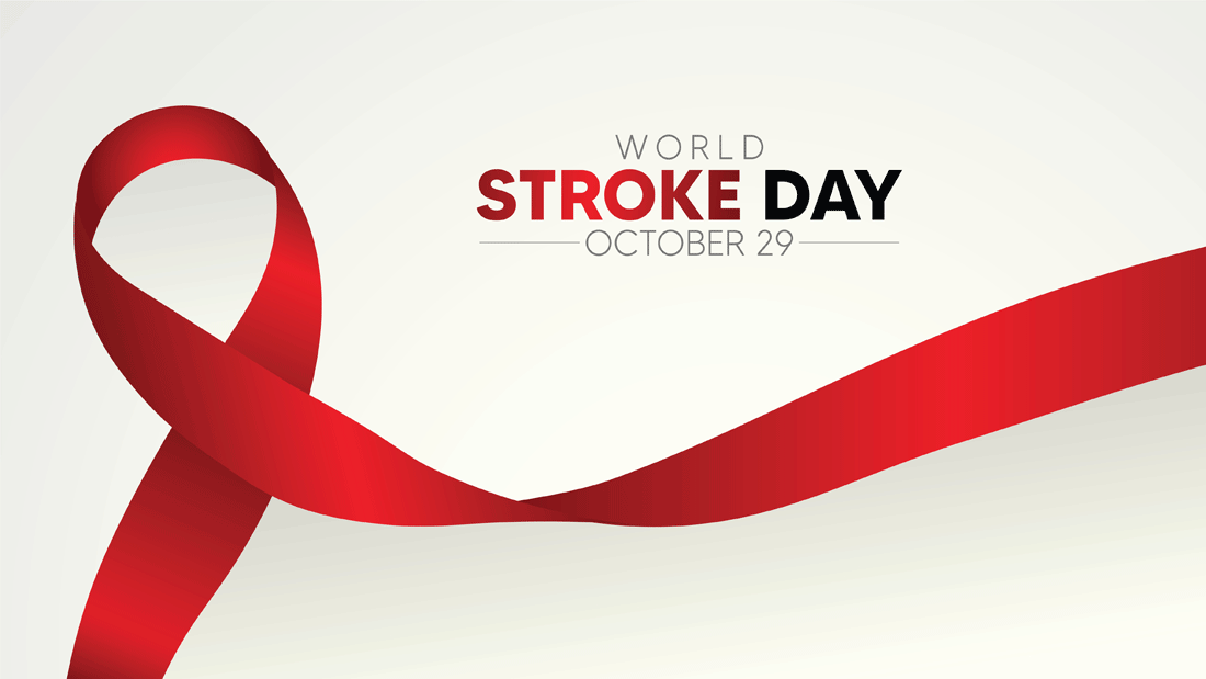 Grafik zum World Stroke Day am 29. Oktober: Eine rote Awareness-Schleife und der Schriftzug weisen auf den Welt-Schlaganfalltag und die Bedeutung von Aufklärung hin.