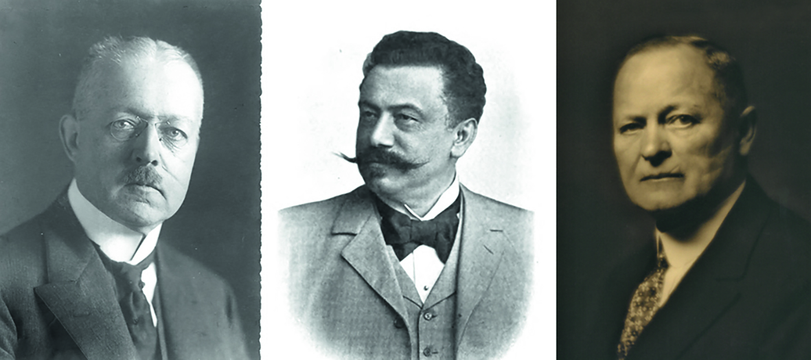 Collage mit Porträtfotos der Röntgenpioniere: Professor Dr. Heinrich Albers-Schönberg,  Carl Heinrich Florenz Müller und Professor Dr. Hermann Gocht