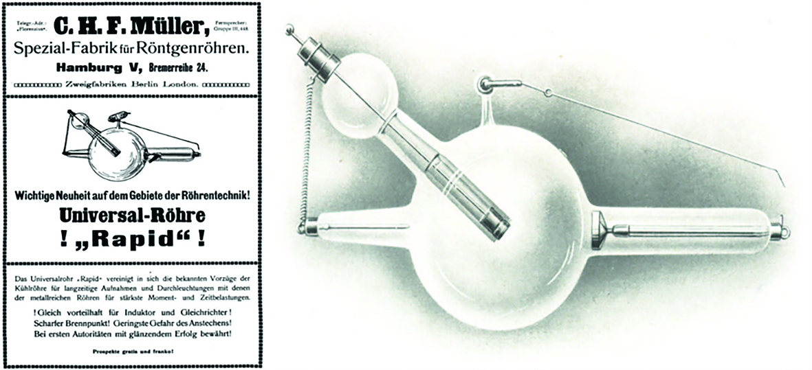 Links: Inserat der Firma C. H. F. Müller aus dem Jahr 1911, rechts: Abbildung der „Rapid“-Röntgenröhre aus dem Katalog ­„Röntgenapparate“ der Elektricitätsgesellschaft „Sanitas“