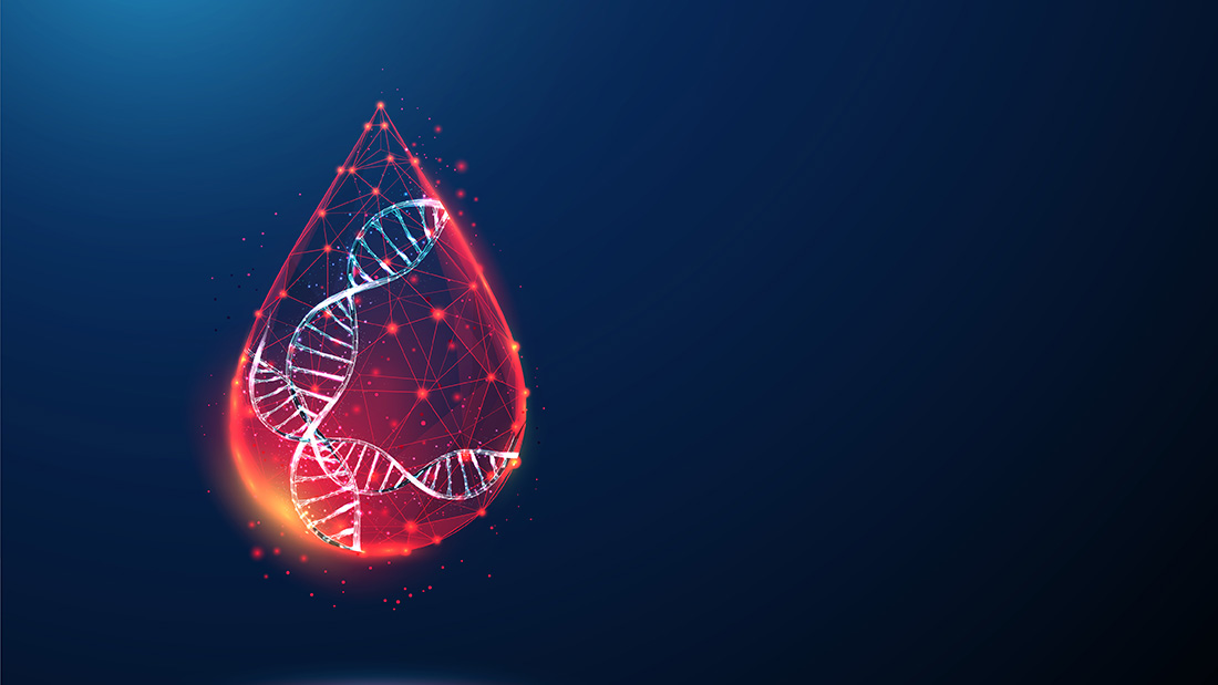 Blutstropfen mit DNA-Helix innen auf dunkelblauem Hintergrund