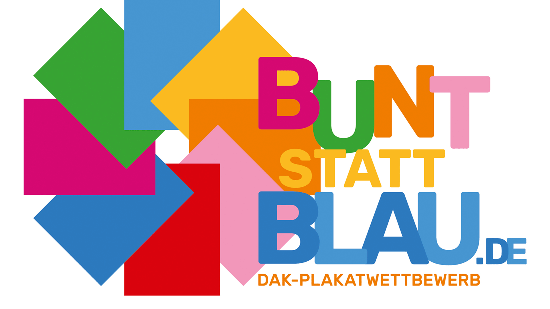 Dieses Bild zeigt ein farbenfrohes Logo mit dem Text „BUNT STATT BLAU.DE“ und „DAK-PLAKATWETTBEWERB“.