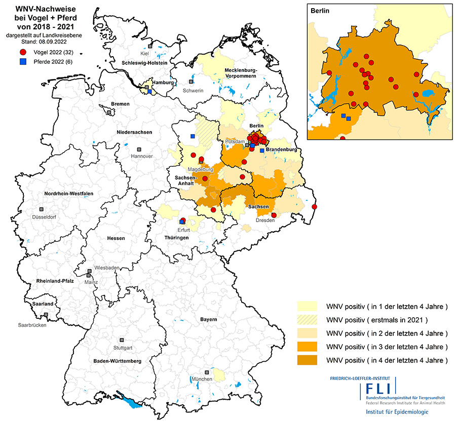 Nachgewiesene Fälle von Infektionen mit West-Nil-Virus