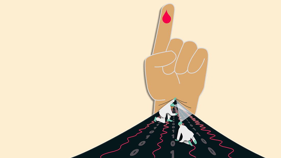 Illustration einer erhobenen Hand mit einem Blutstropfen am Finger, darunter digitale Datenströme und zwei Personen, die diese analysieren.